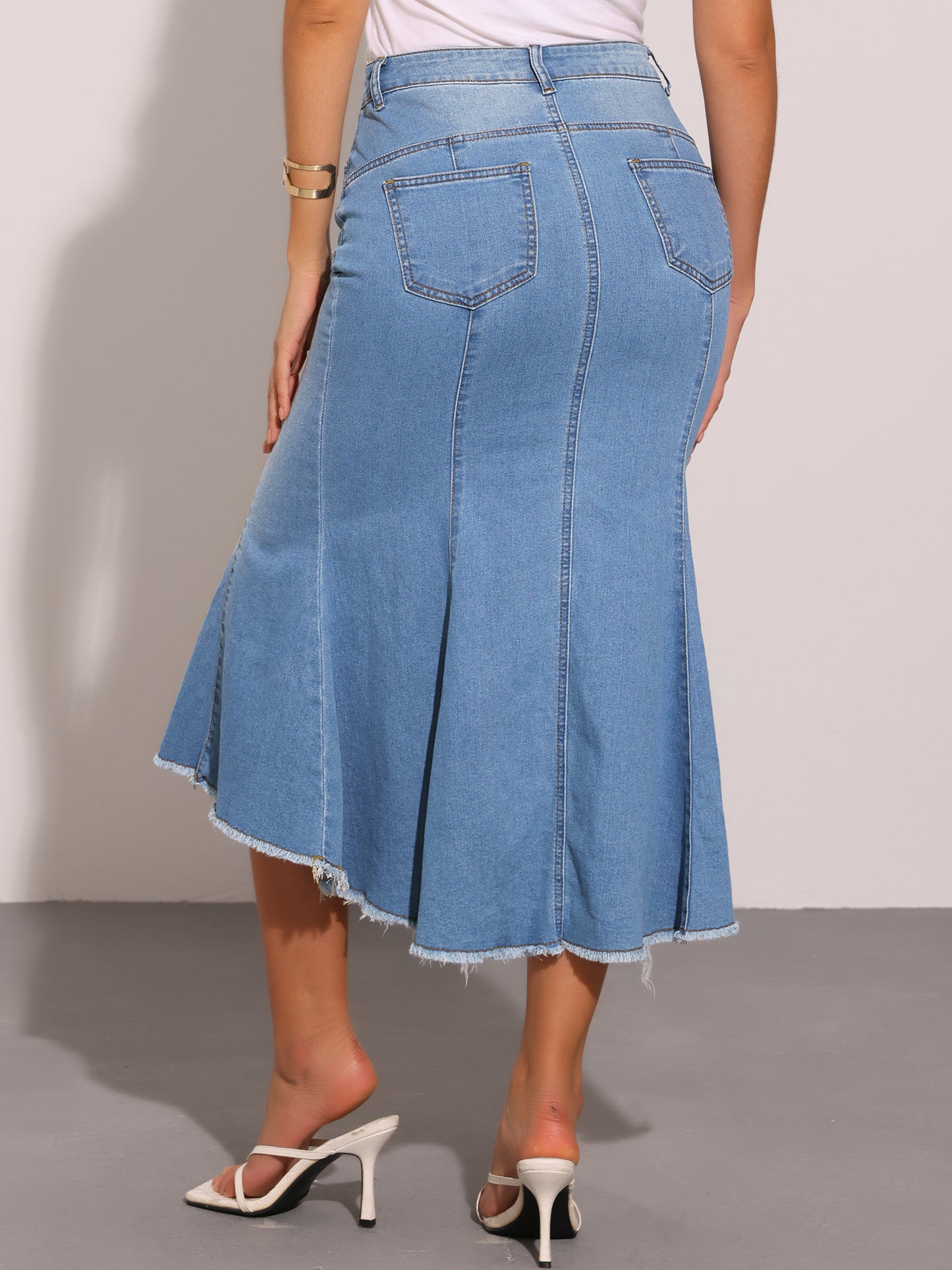 Women's High Waist Raw Hem Midi Washed Fishtail Denim Skirt