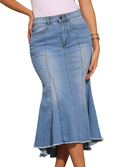 Women's High Waist Raw Hem Midi Washed Fishtail Denim Skirt