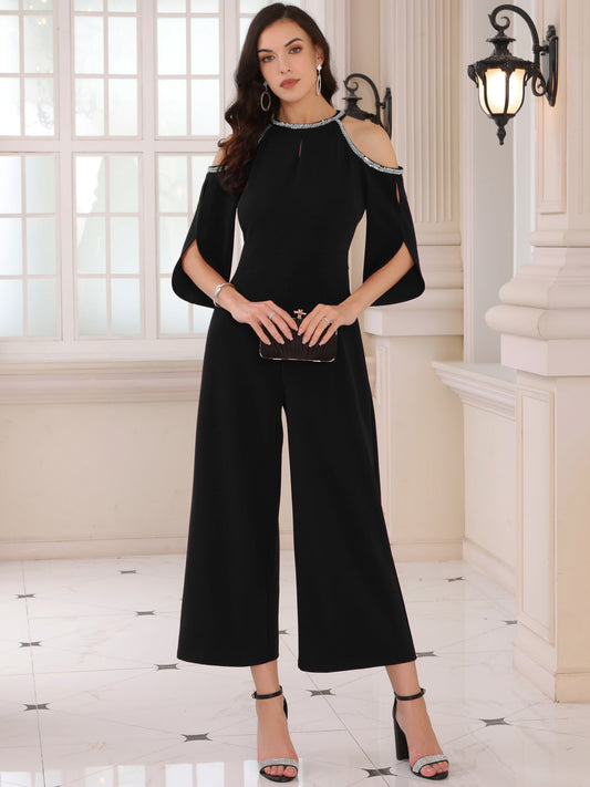 Women's Jumpsuits Sequin Cold Shoulder Split Sleeve Wide Leg Cocktail Evening Rompers
