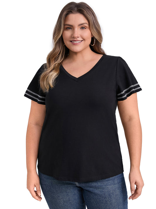Women Plus Size V Neck Striped Contrasting Colors Top Ruffle Short Sleeves Tee Blouse