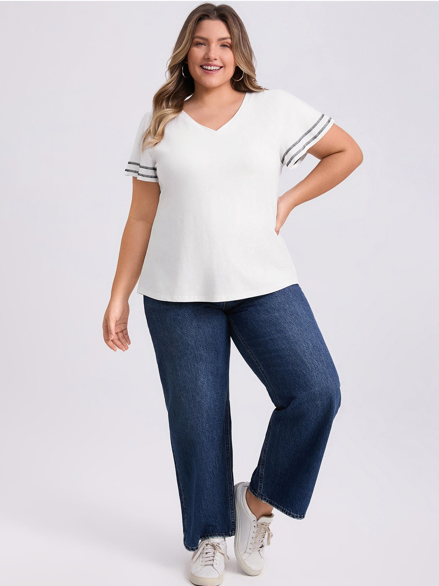 Women Plus Size V Neck Striped Contrasting Colors Top Ruffle Short Sleeves Tee Blouse