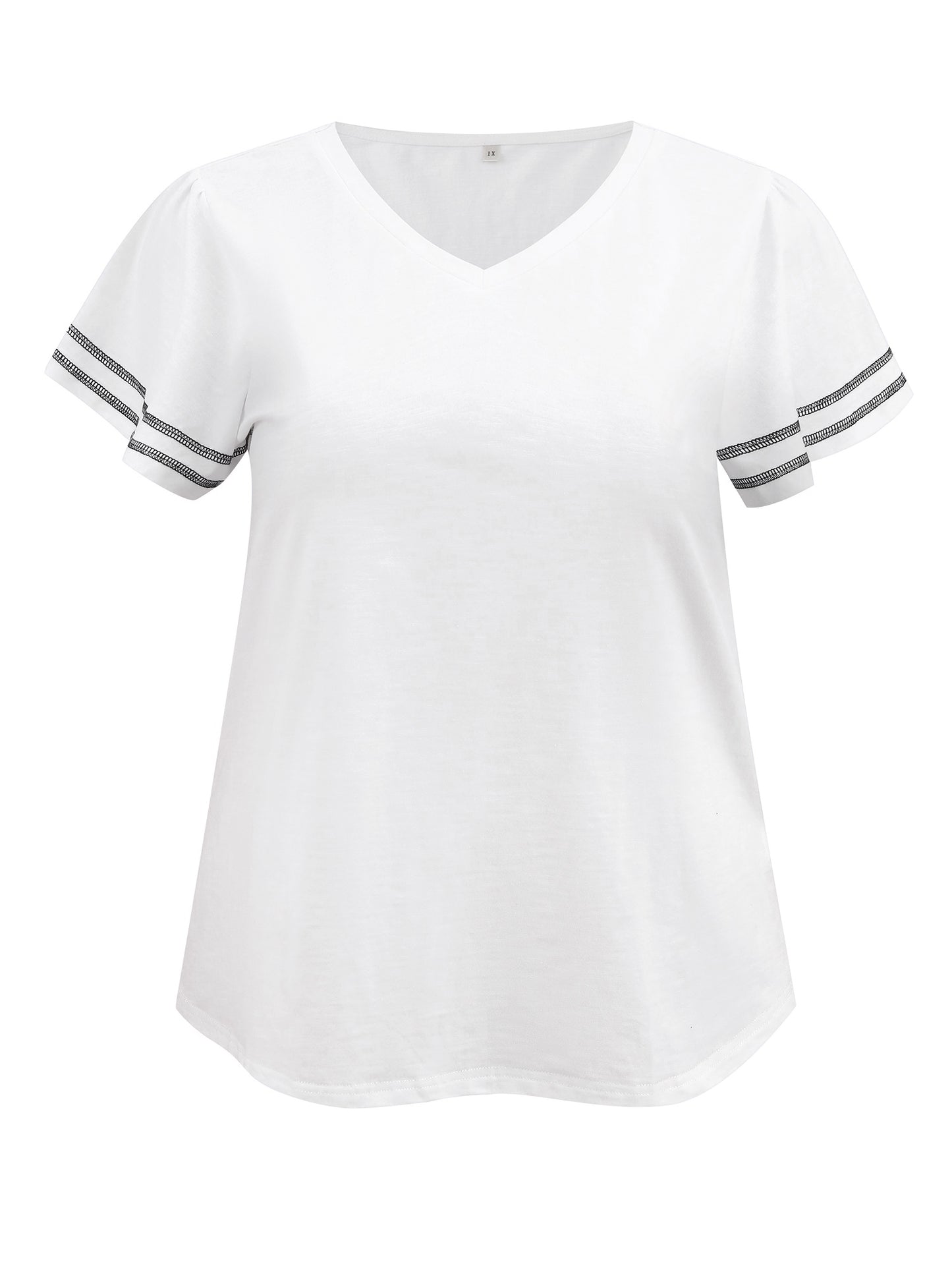 Women Plus Size V Neck Striped Contrasting Colors Top Ruffle Short Sleeves Tee Blouse