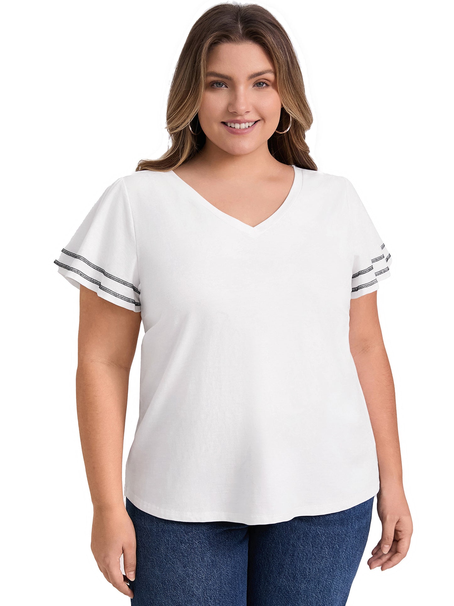 Women Plus Size V Neck Striped Contrasting Colors Top Ruffle Short Sleeves Tee Blouse