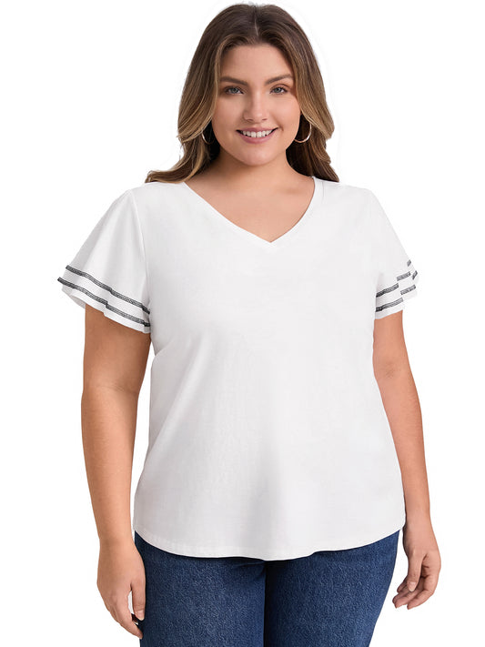 Women Plus Size V Neck Striped Contrasting Colors Top Ruffle Short Sleeves Tee Blouse