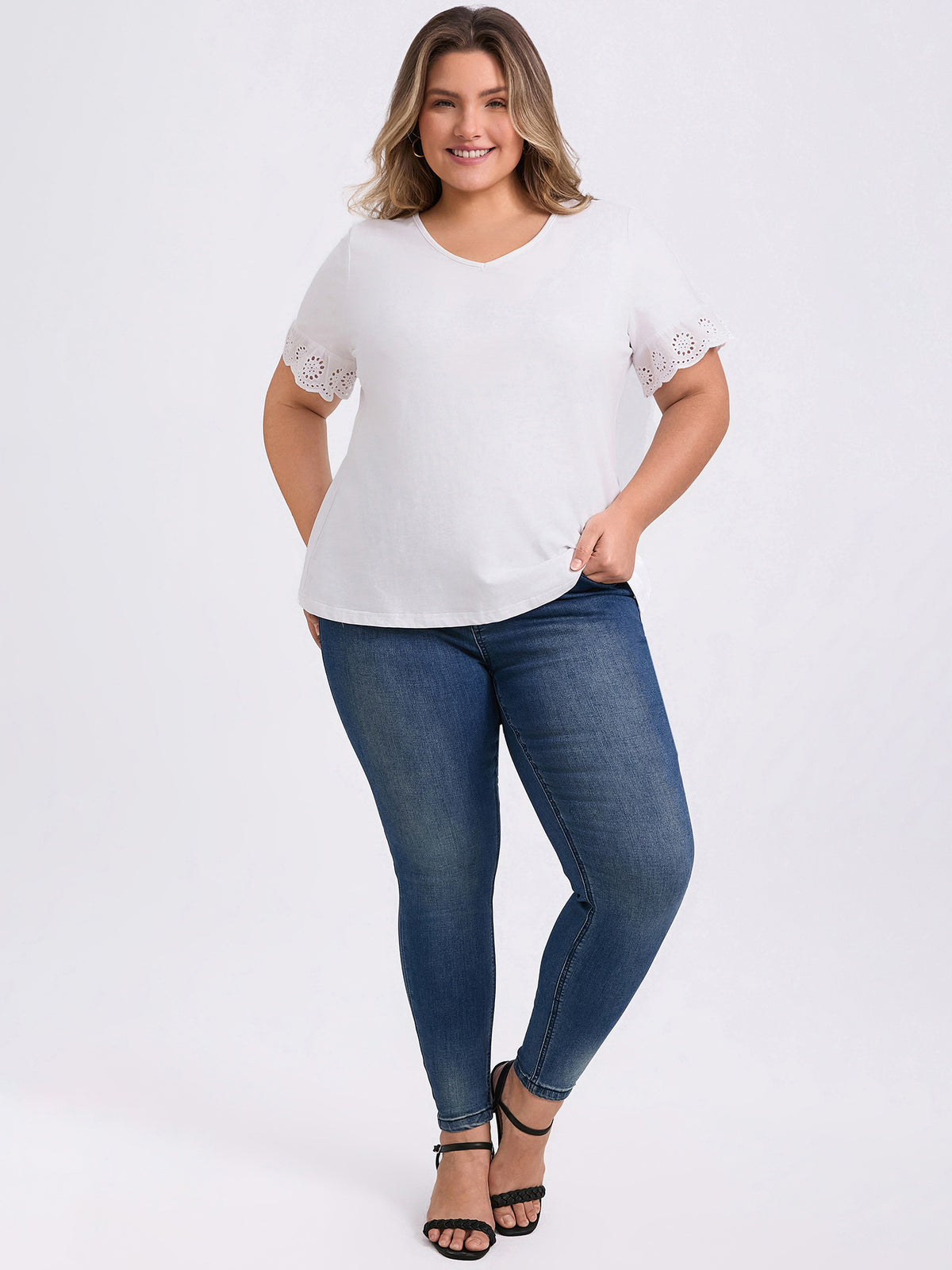 [PACK SALES] Women's Plus Size 2 Pieces Tops V Neck Eyelet Embroidered Lace Short Sleeves Blouses