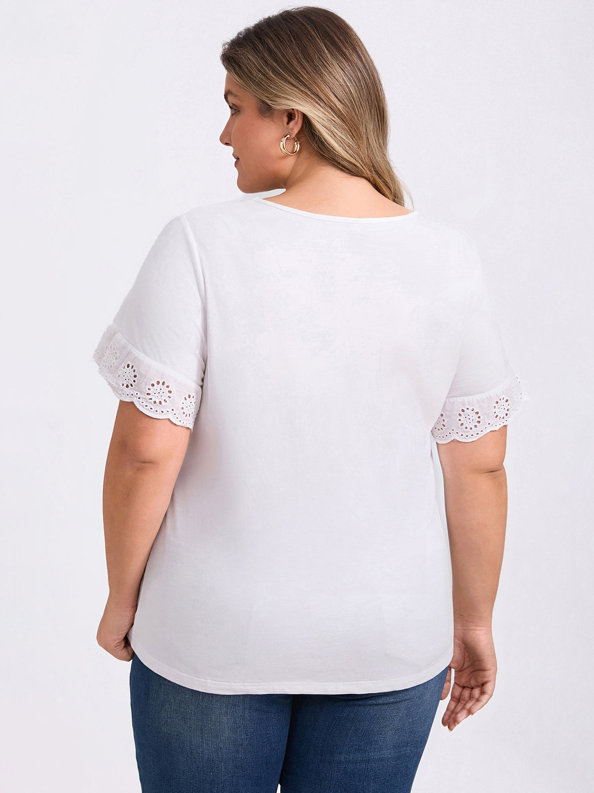 [PACK SALES] Women's Plus Size 2 Pieces Tops V Neck Eyelet Embroidered Lace Short Sleeves Blouses