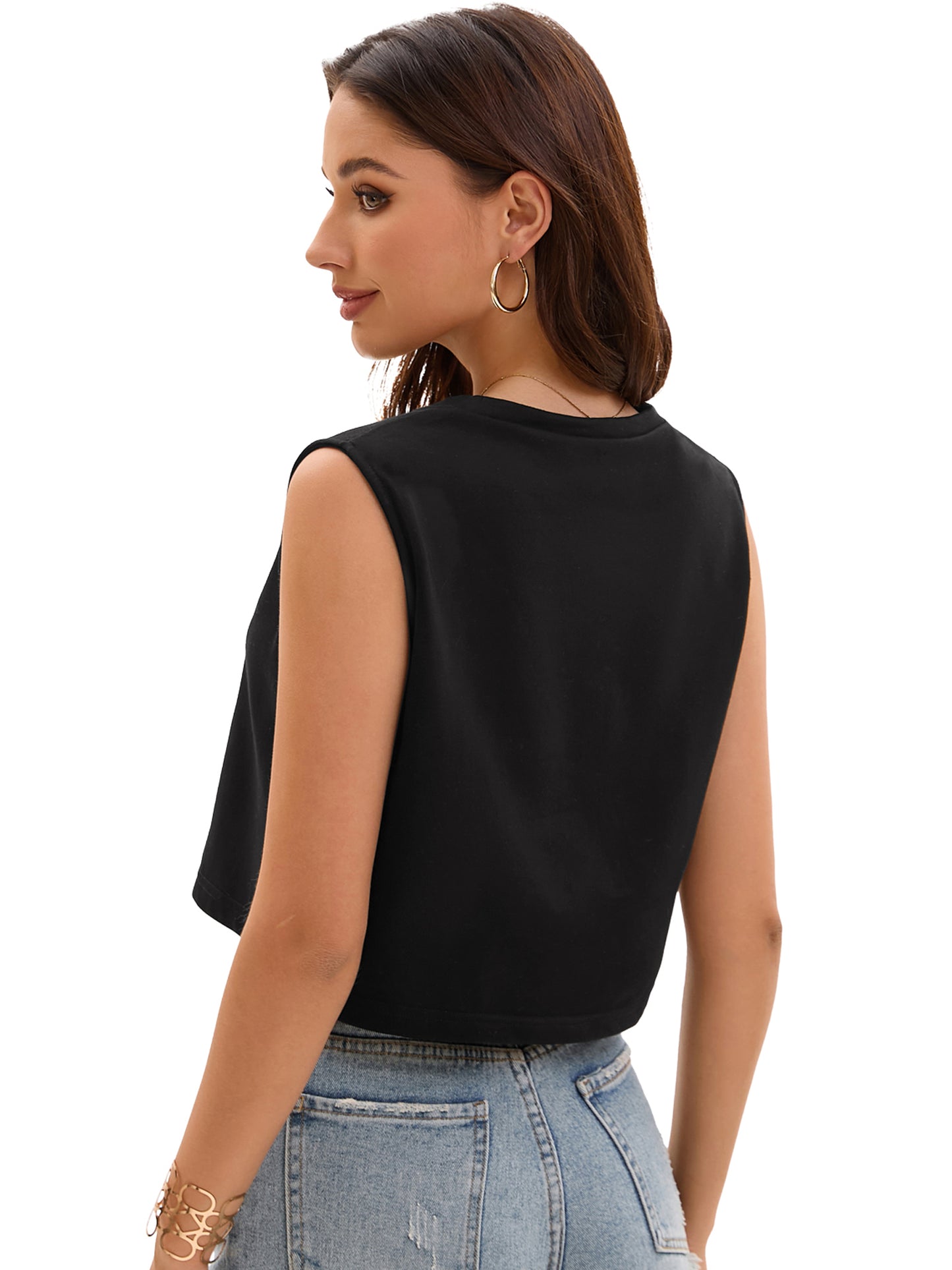 Women Crewneck Sleeveless Tank Loose Fit Casual Crop Tee Top