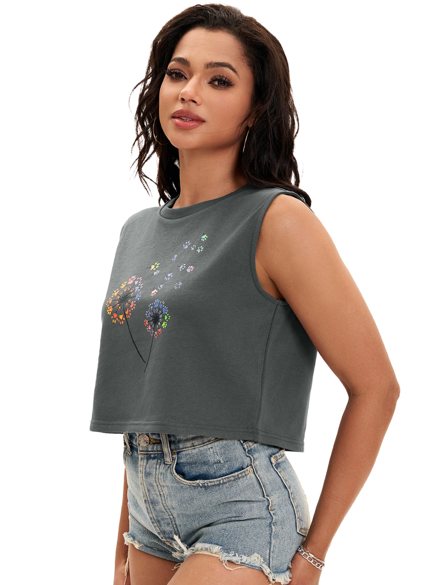 Women Crewneck Sleeveless Tank Loose Fit Casual Crop Tee Top