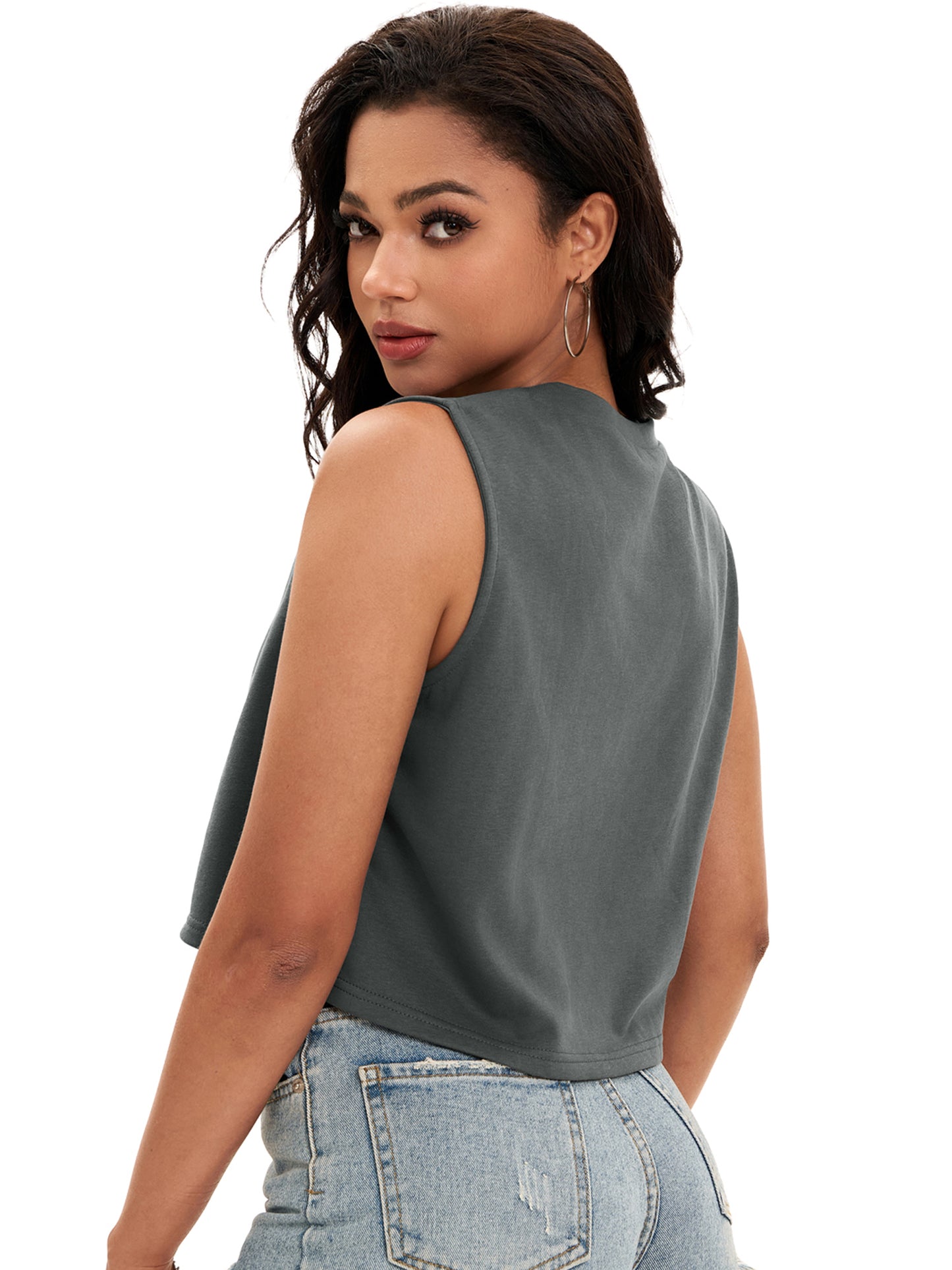 Women Crewneck Sleeveless Tank Loose Fit Casual Crop Tee Top