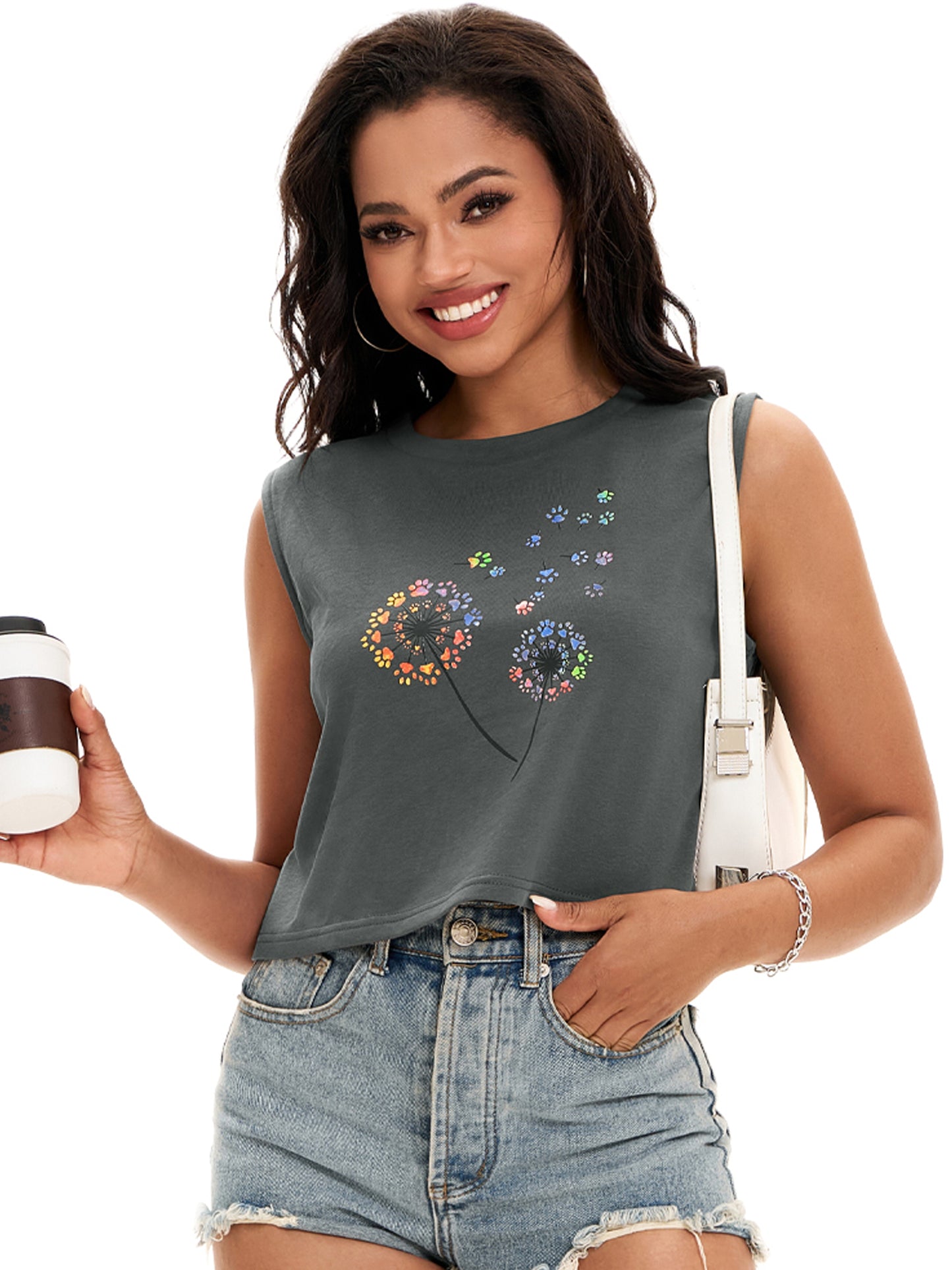 Women Crewneck Sleeveless Tank Loose Fit Casual Crop Tee Top