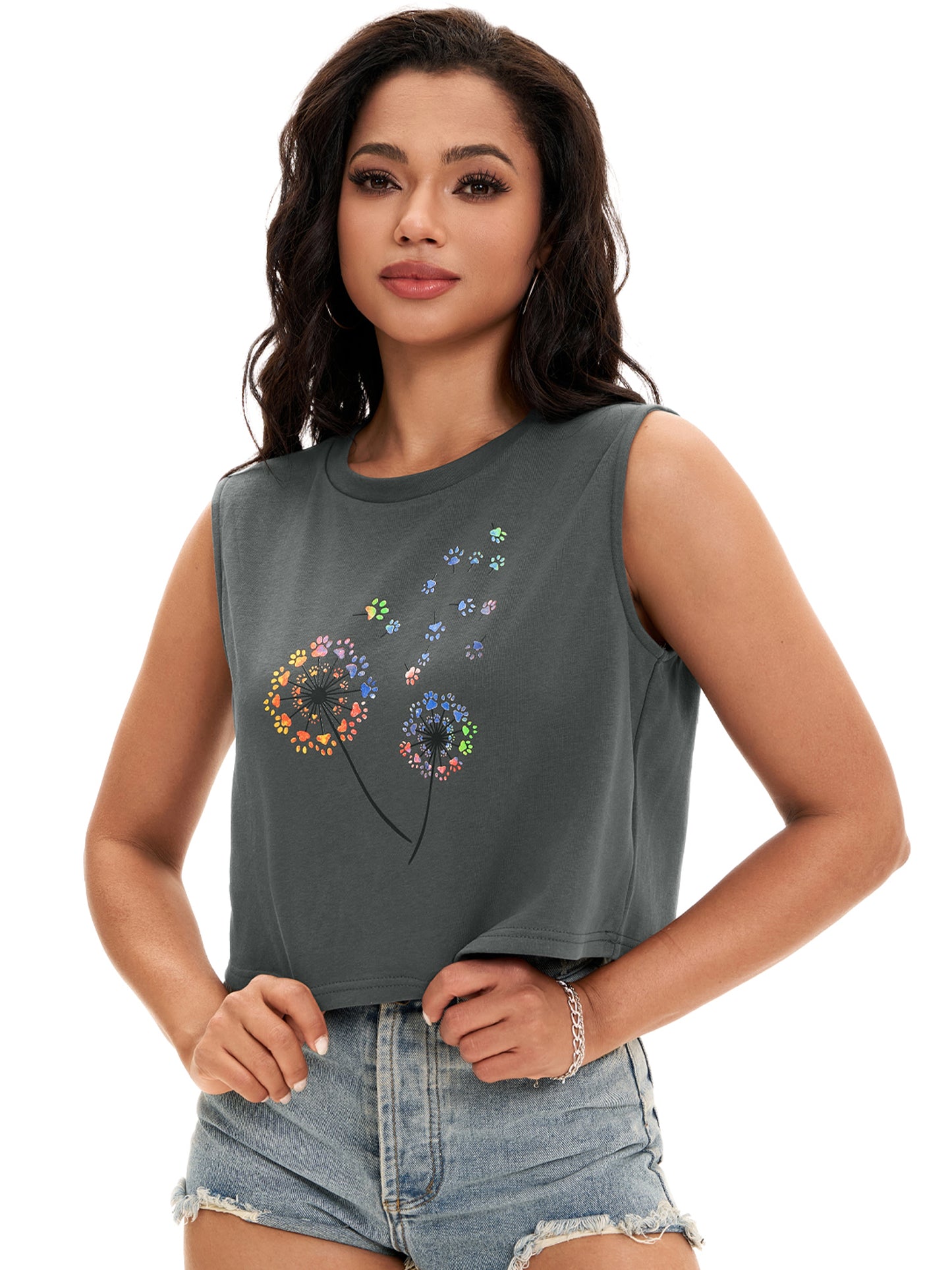 Women Crewneck Sleeveless Tank Loose Fit Casual Crop Tee Top