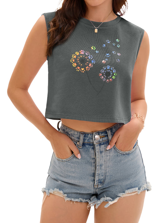 Women Crewneck Sleeveless Tank Loose Fit Casual Crop Tee Top