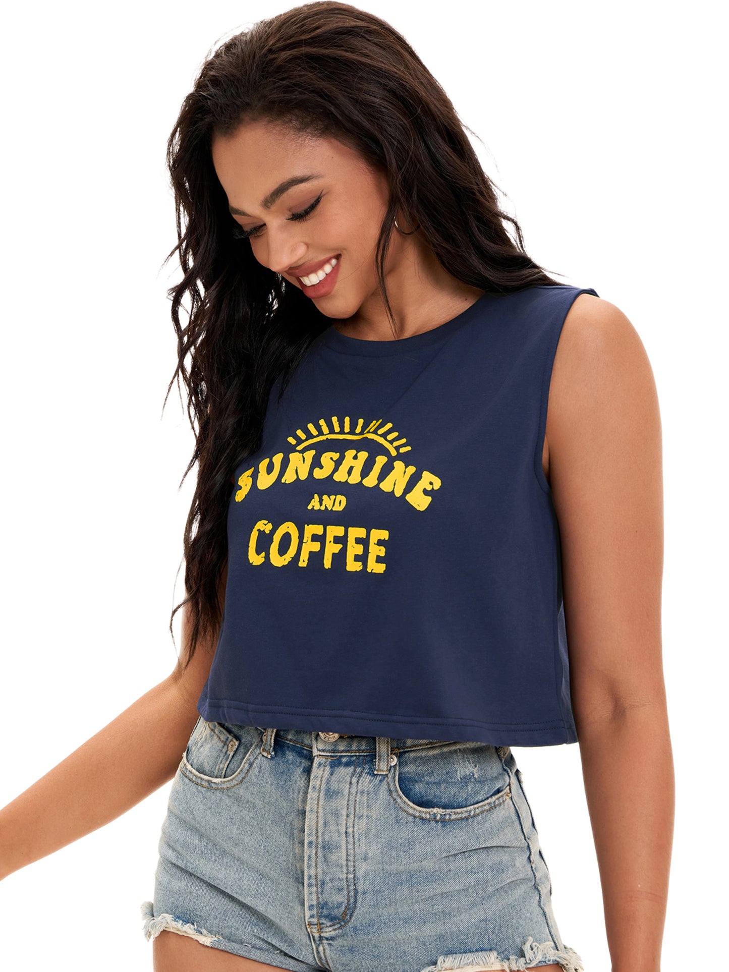 Women Crewneck Sleeveless Tank Loose Fit Casual Crop Tee Top