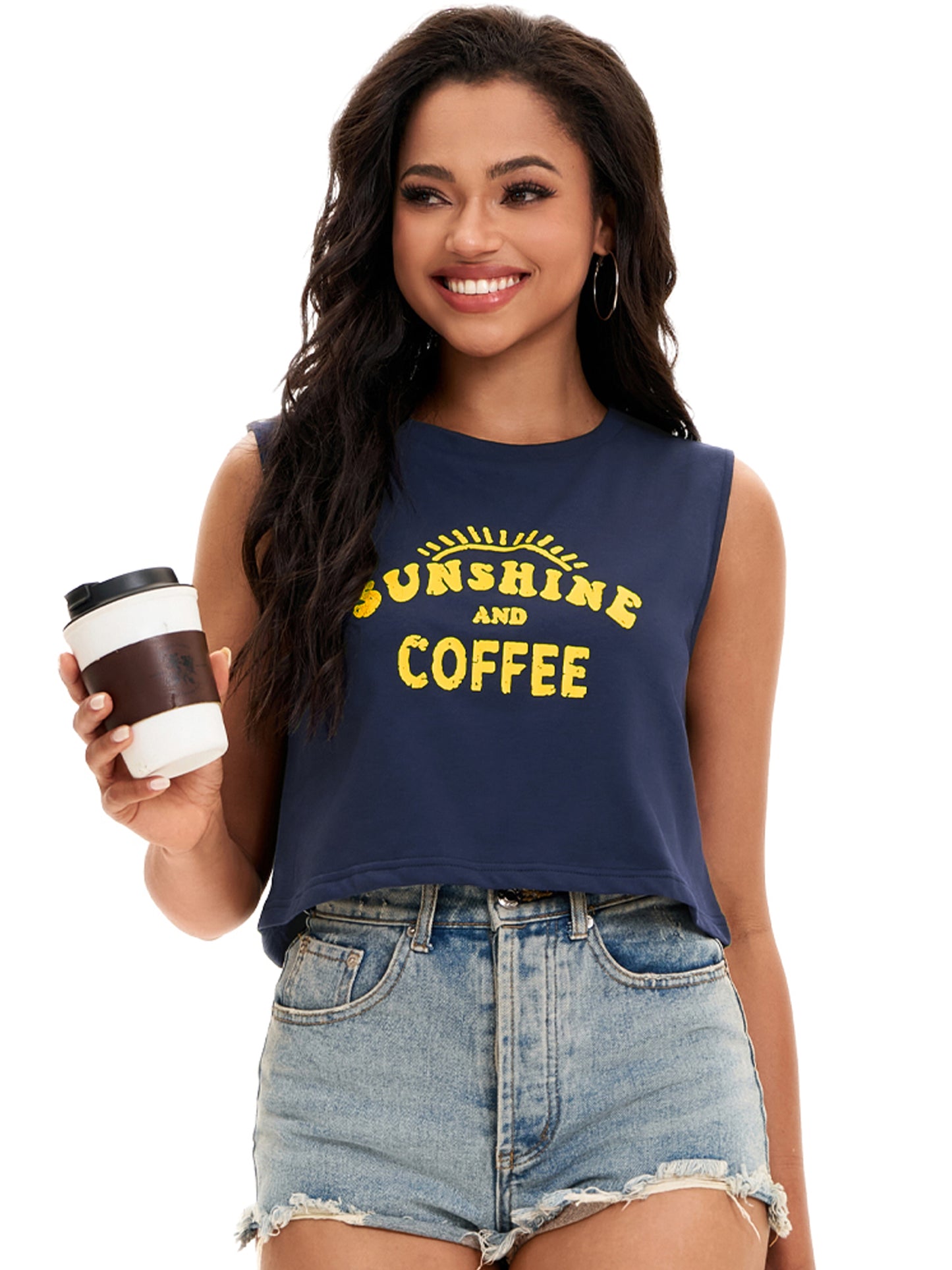 Women Crewneck Sleeveless Tank Loose Fit Casual Crop Tee Top