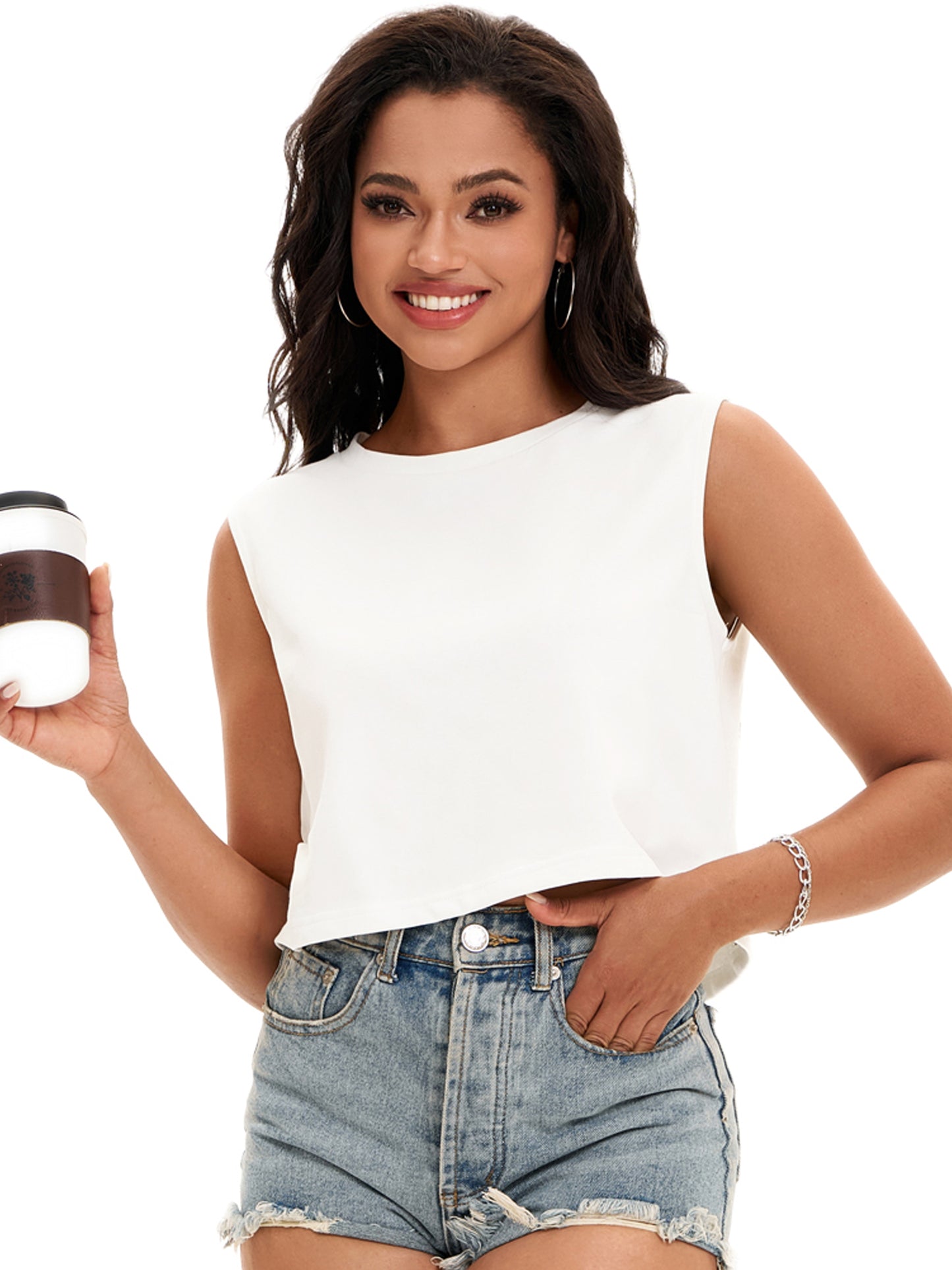 Women Crewneck Sleeveless Tank Loose Fit Casual Crop Tee Top