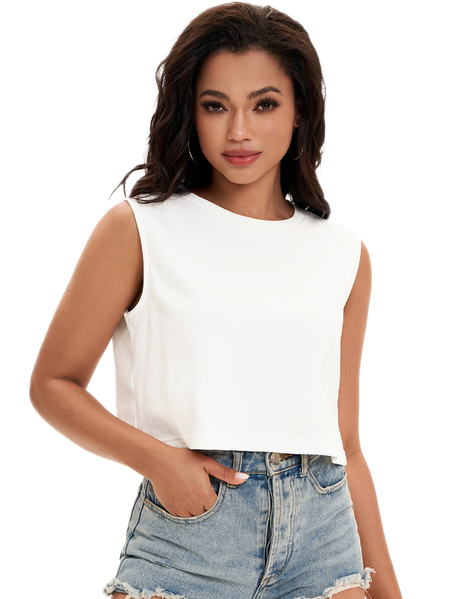 Women Crewneck Sleeveless Tank Loose Fit Casual Crop Tee Top