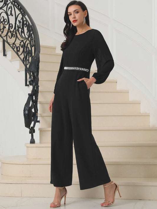 Women's Cocktail Jumpsuits Long Sleeve Beaded High Waist Wide Leg Pants Formal Dressy Rompers