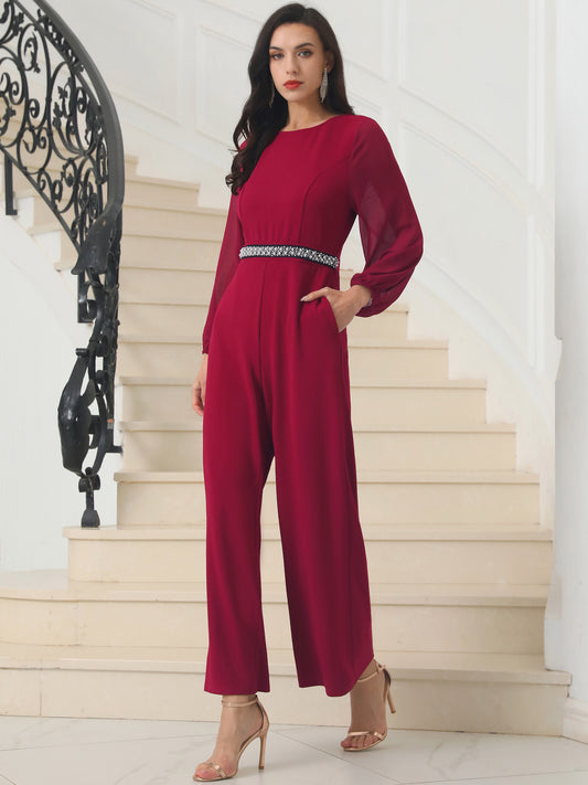 Women's Cocktail Jumpsuits Long Sleeve Beaded High Waist Wide Leg Pants Formal Dressy Rompers