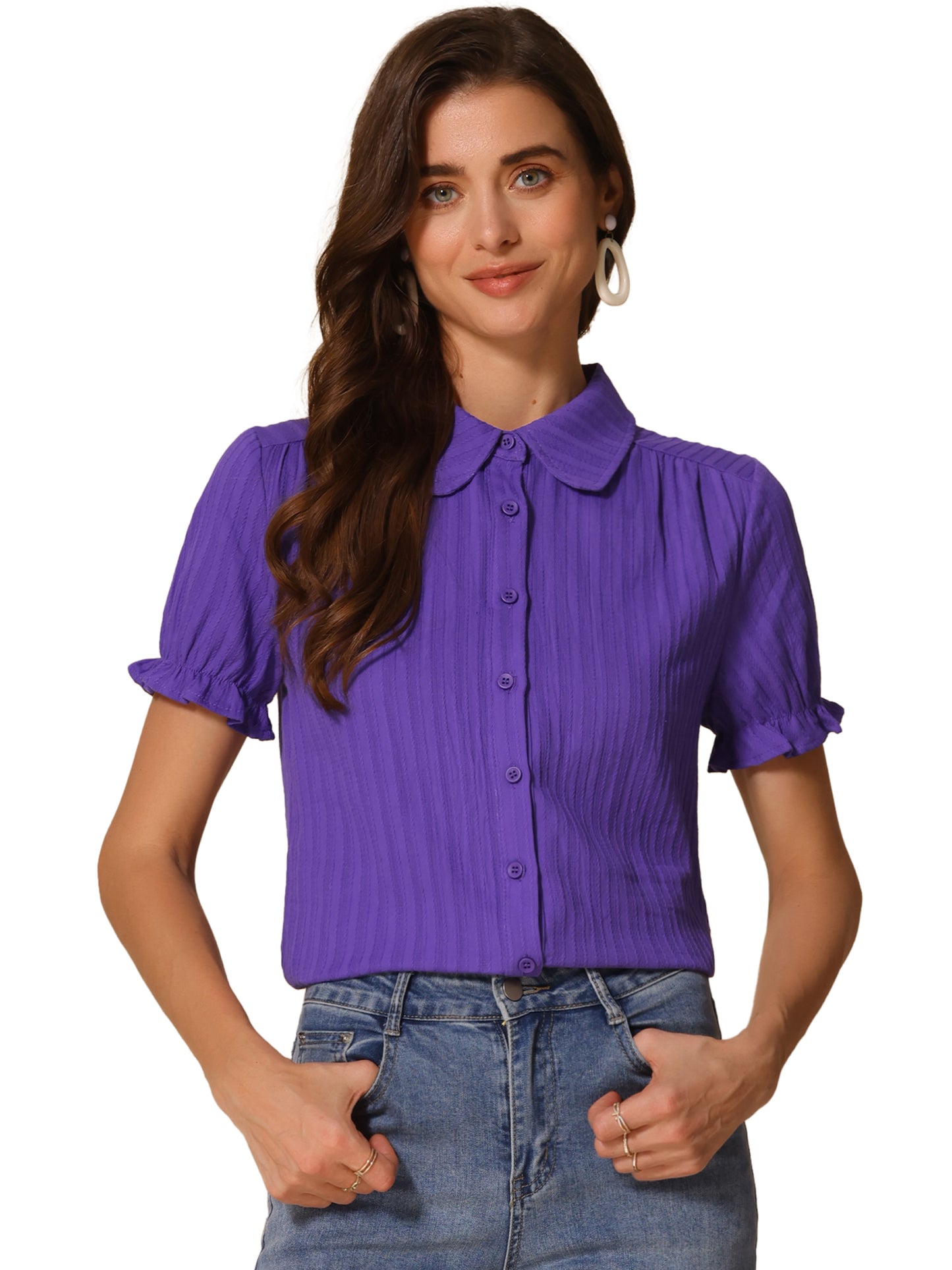Women's Peter Pan Collar Shirt 1950s Vintage Cotton Button Down Blouse