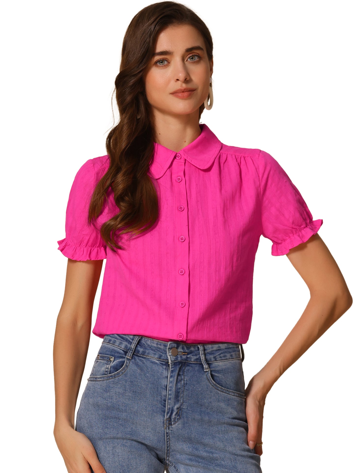 Women's Peter Pan Collar Shirt 1950s Vintage Cotton Button Down Blouse
