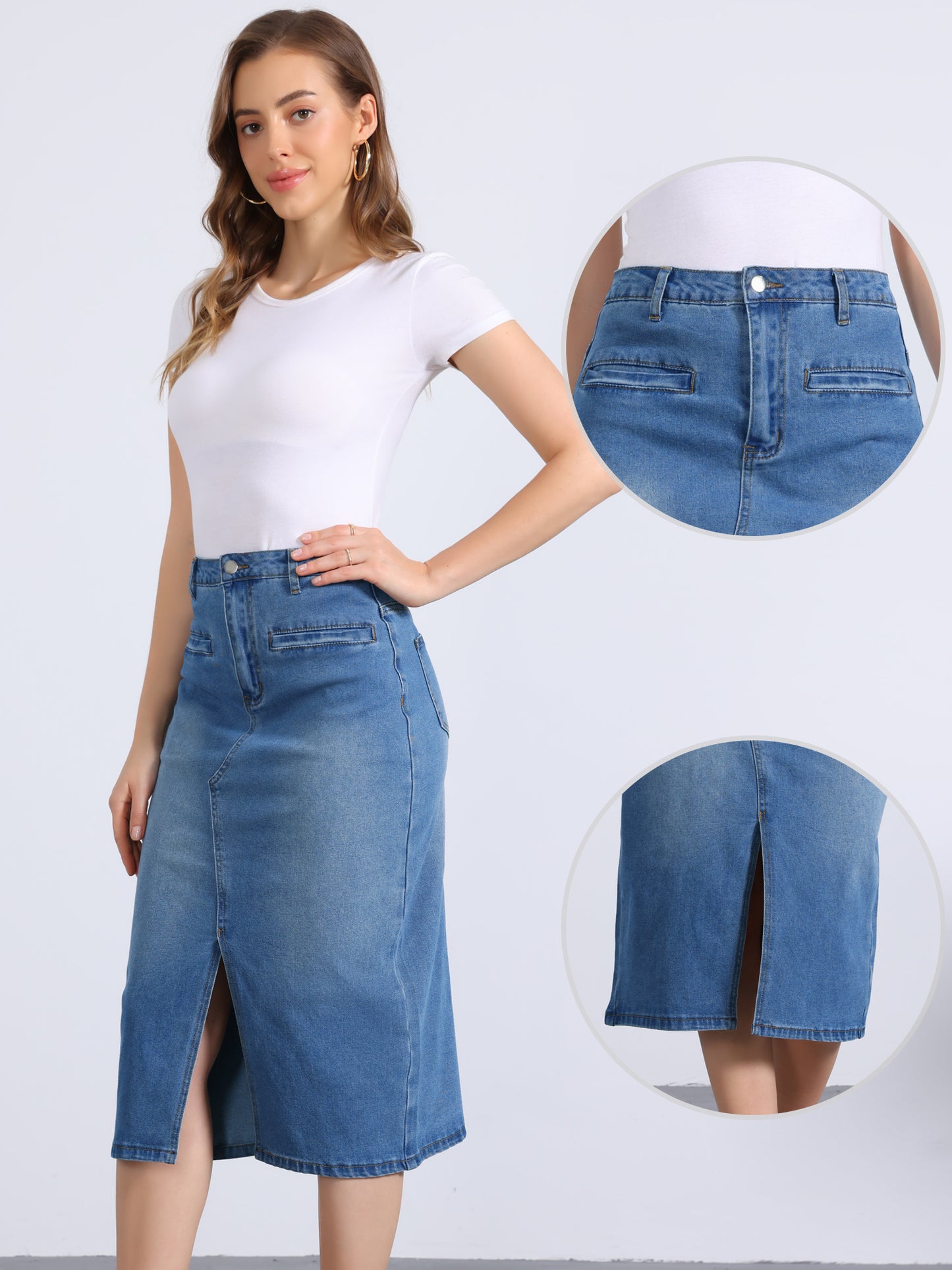Women's Denim Skirt High Waist Slit Front Washed Jean Midi Skirts with Pockets