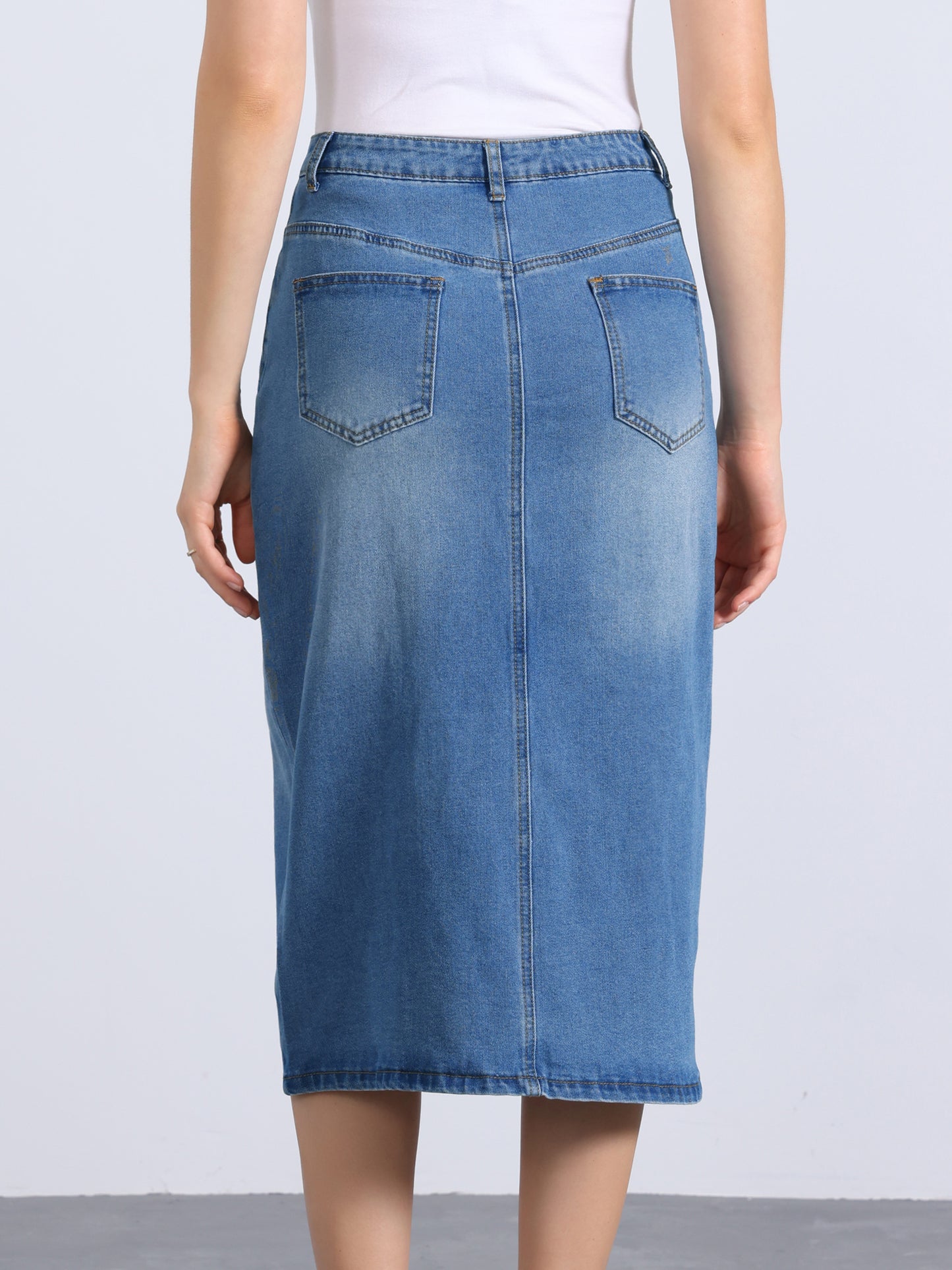 Women's Denim Skirt High Waist Slit Front Washed Jean Midi Skirts with Pockets