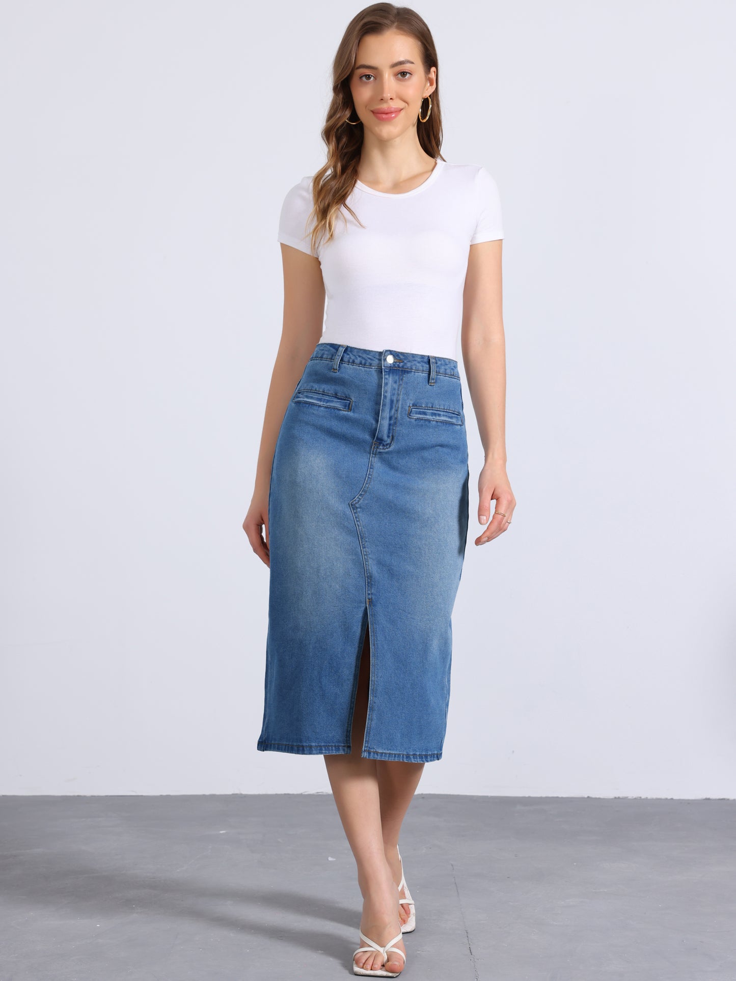 Women's Denim Skirt High Waist Slit Front Washed Jean Midi Skirts with Pockets