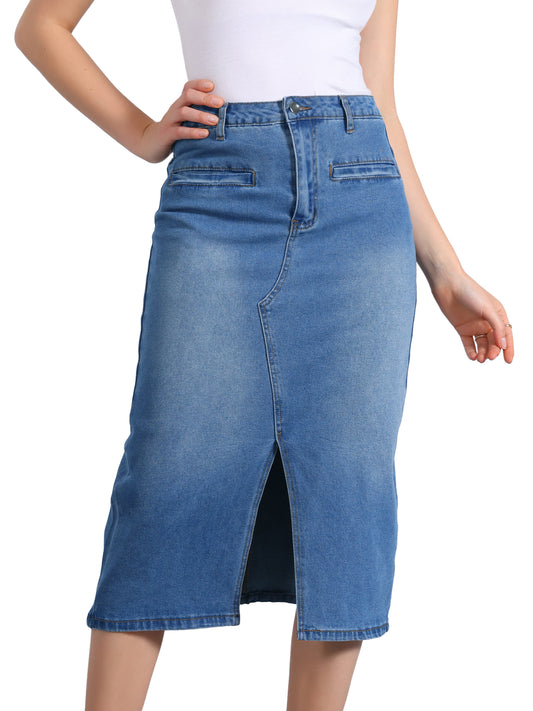 Women's Denim Skirt High Waist Slit Front Washed Jean Midi Skirts with Pockets