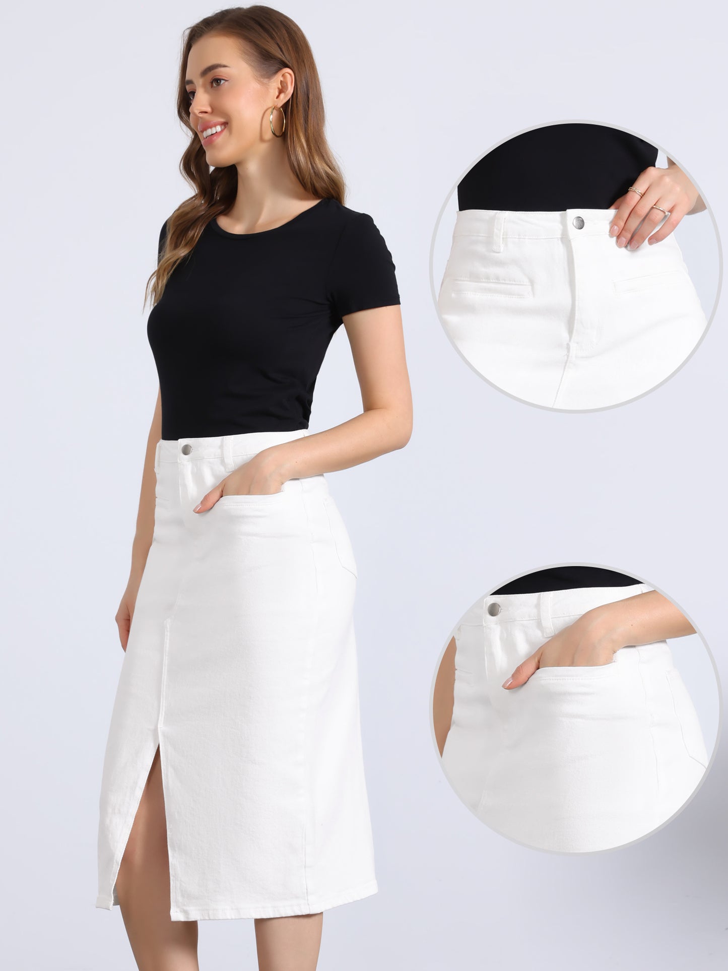 Women's Denim Skirt High Waist Slit Front Washed Jean Midi Skirts with Pockets