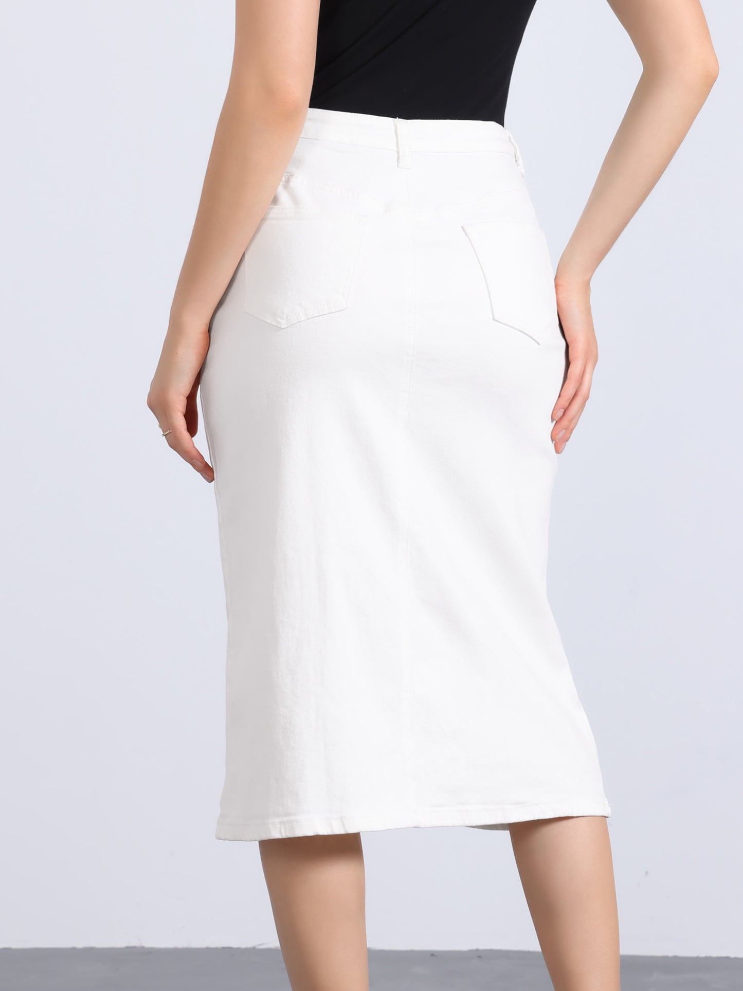 Women's Denim Skirt High Waist Slit Front Washed Jean Midi Skirts with Pockets