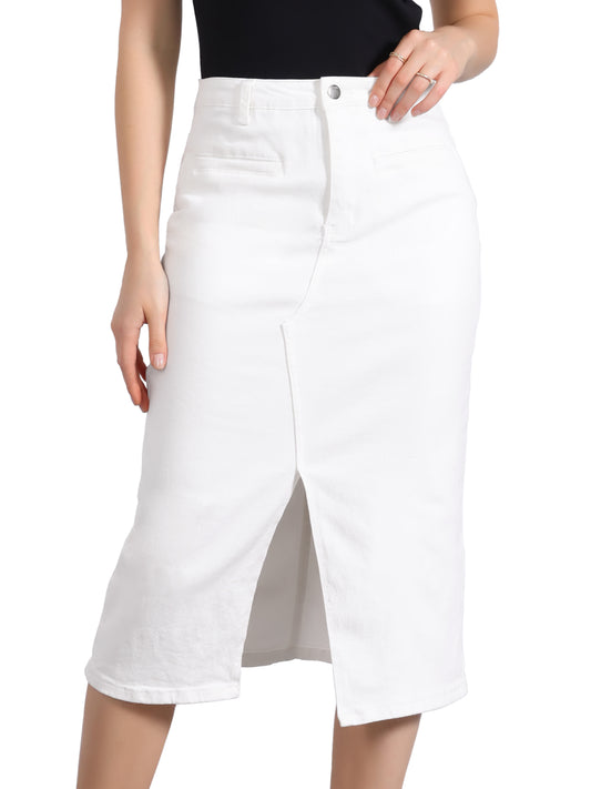 Women's Denim Skirt High Waist Slit Front Washed Jean Midi Skirts with Pockets