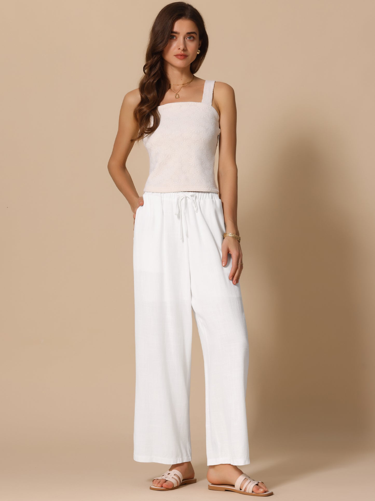 Women's Linen Pants Summer High Waist Drawstring Lightweight Long Palazzo Gauze Pants