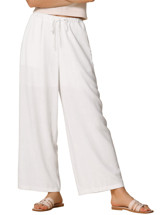 Women's Linen Pants Summer High Waist Drawstring Lightweight Long Palazzo Gauze Pants