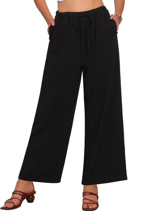Women's Linen Pants Summer High Waist Drawstring Lightweight Long Palazzo Gauze Pants