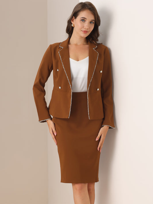 Women's 2 Piece Suit Skirt Set Tweed Trim Blazer Knee Length Pencil Skirt Business Office Wear