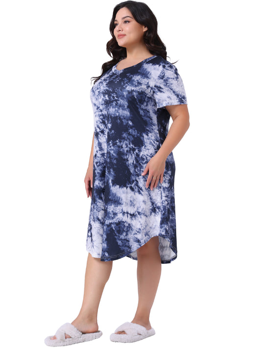 Women Plus Size Nightgowns V Neck Pajamas Sleepwear Tie Dye Short Sleeve Sleepdress