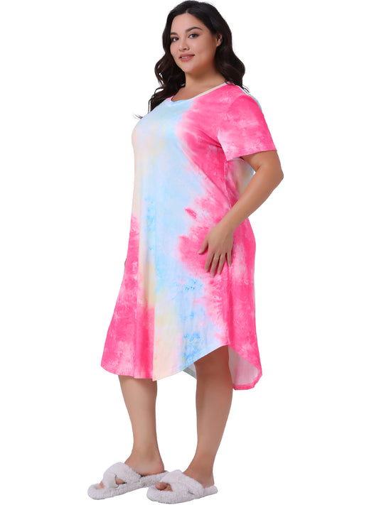 Women Plus Size Nightgowns V Neck Pajamas Sleepwear Tie Dye Short Sleeve Sleepdress