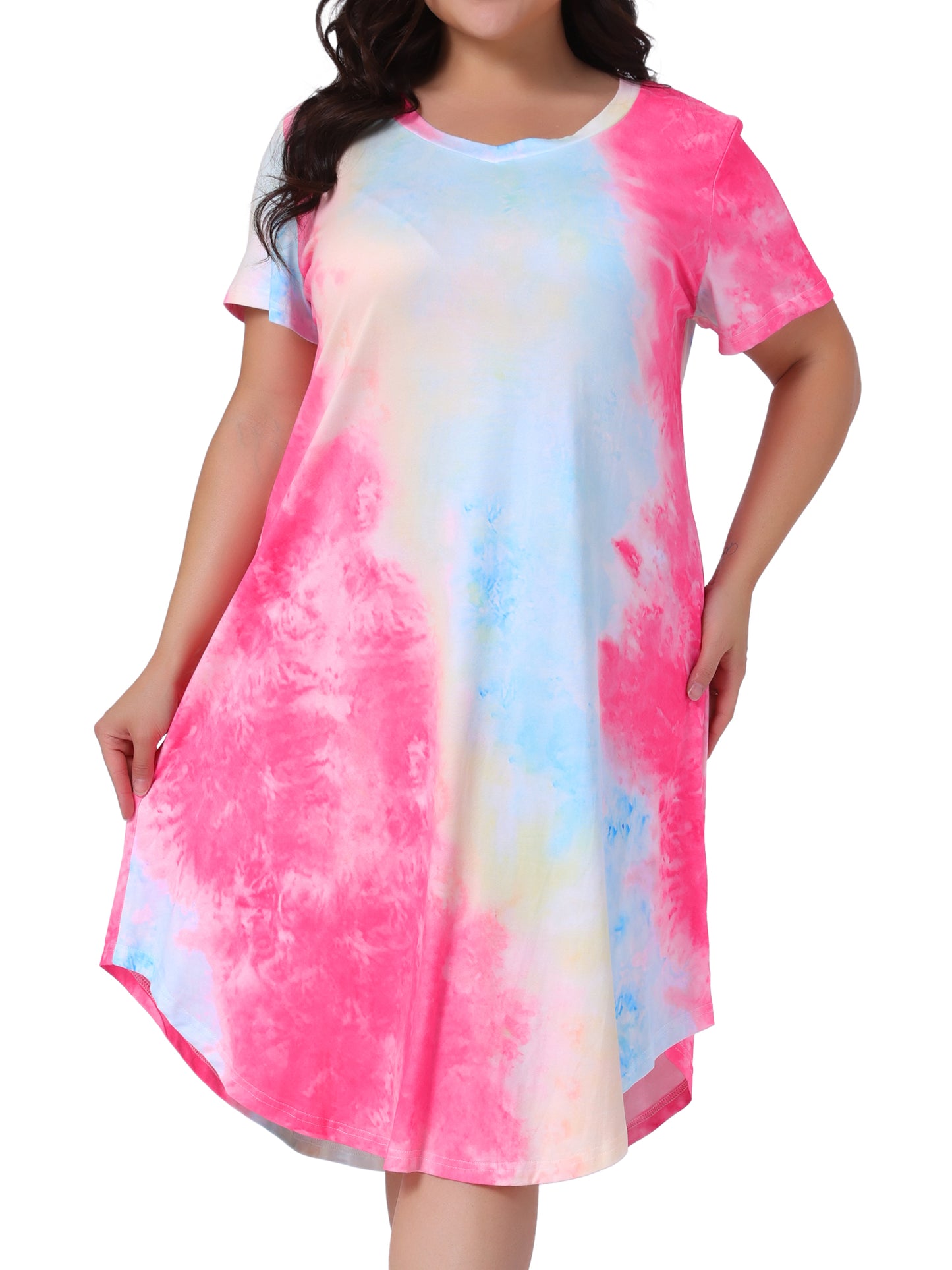 Women Plus Size Nightgowns V Neck Pajamas Sleepwear Tie Dye Short Sleeve Sleepdress