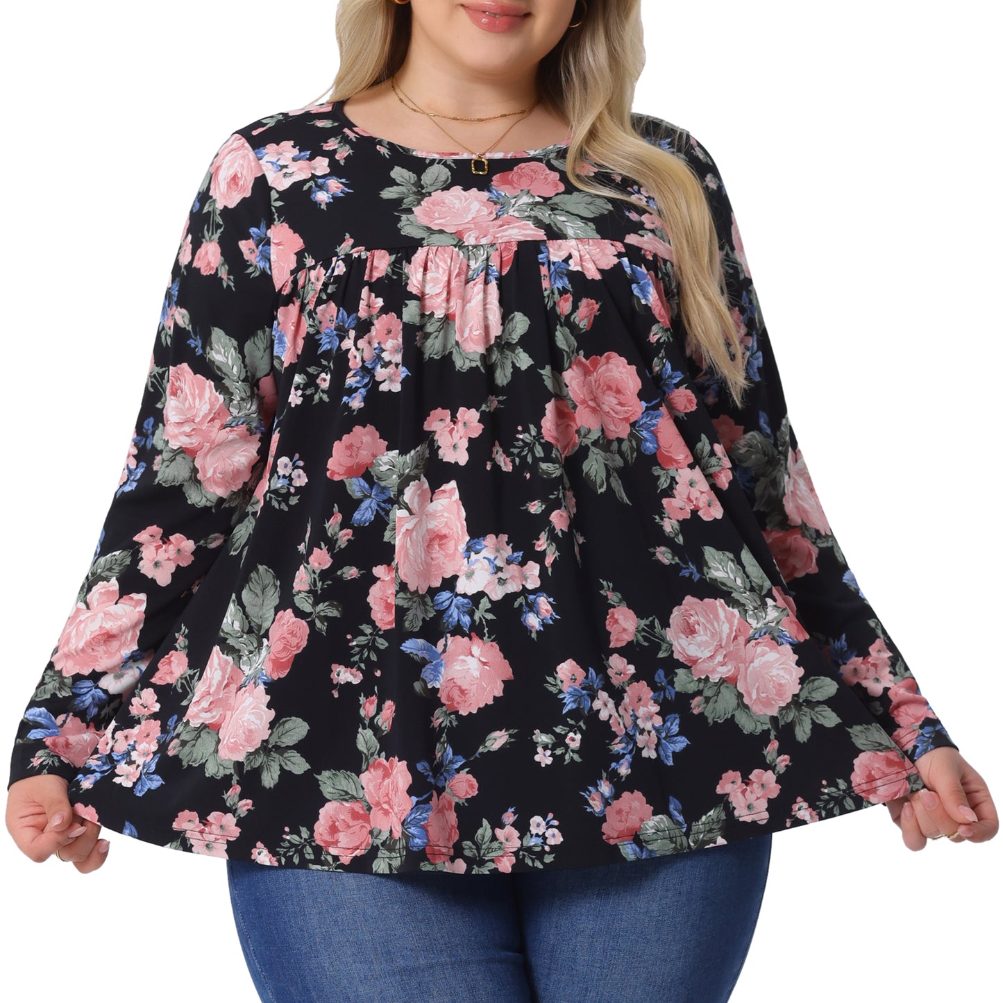 Women Plus Size Tops Long Sleeve Tunic Pleated Crew Neck Dressy Casual Fall Blouse