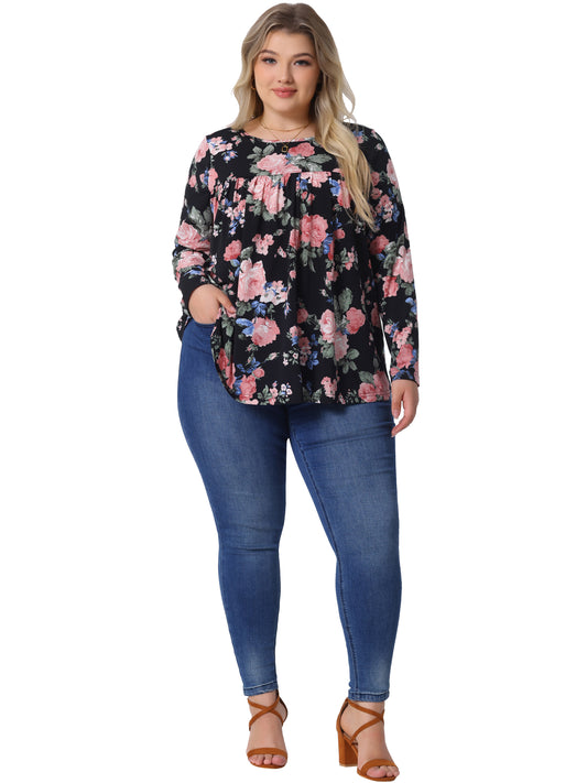 Women Plus Size Tops Long Sleeve Tunic Pleated Crew Neck Dressy Casual Fall Blouse