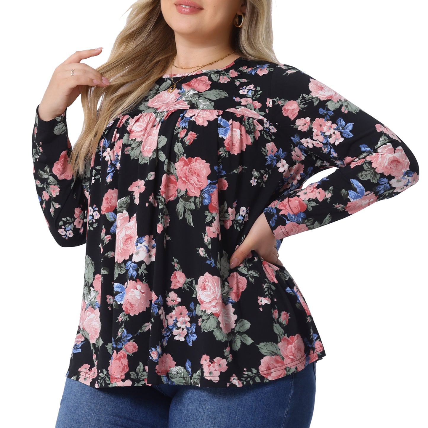 Women Plus Size Tops Long Sleeve Tunic Pleated Crew Neck Dressy Casual Fall Blouse