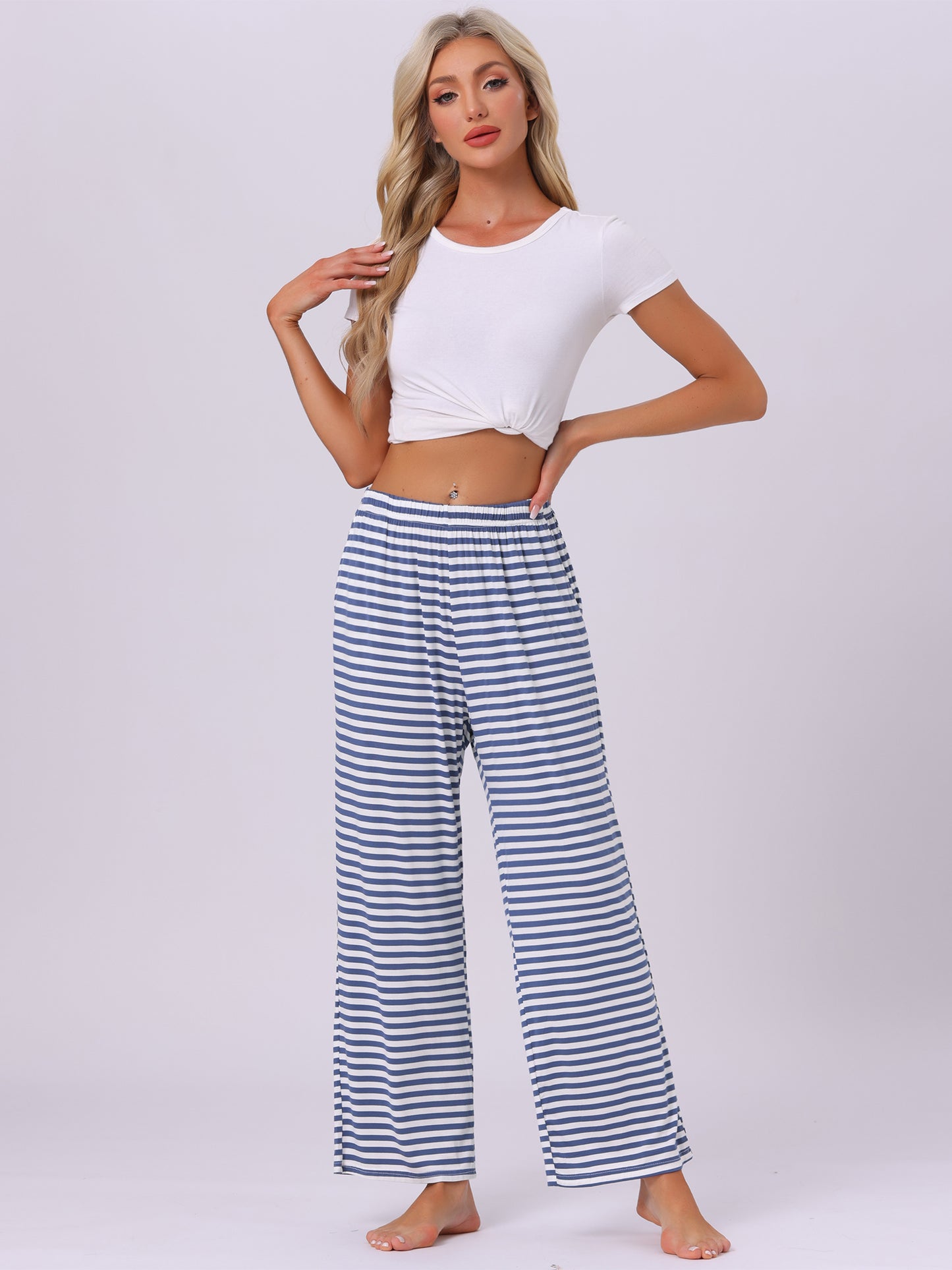 Pantalon de nuit en coton pour femme, taille élastique, jambes larges, droit, vêtements de nuit avec poches