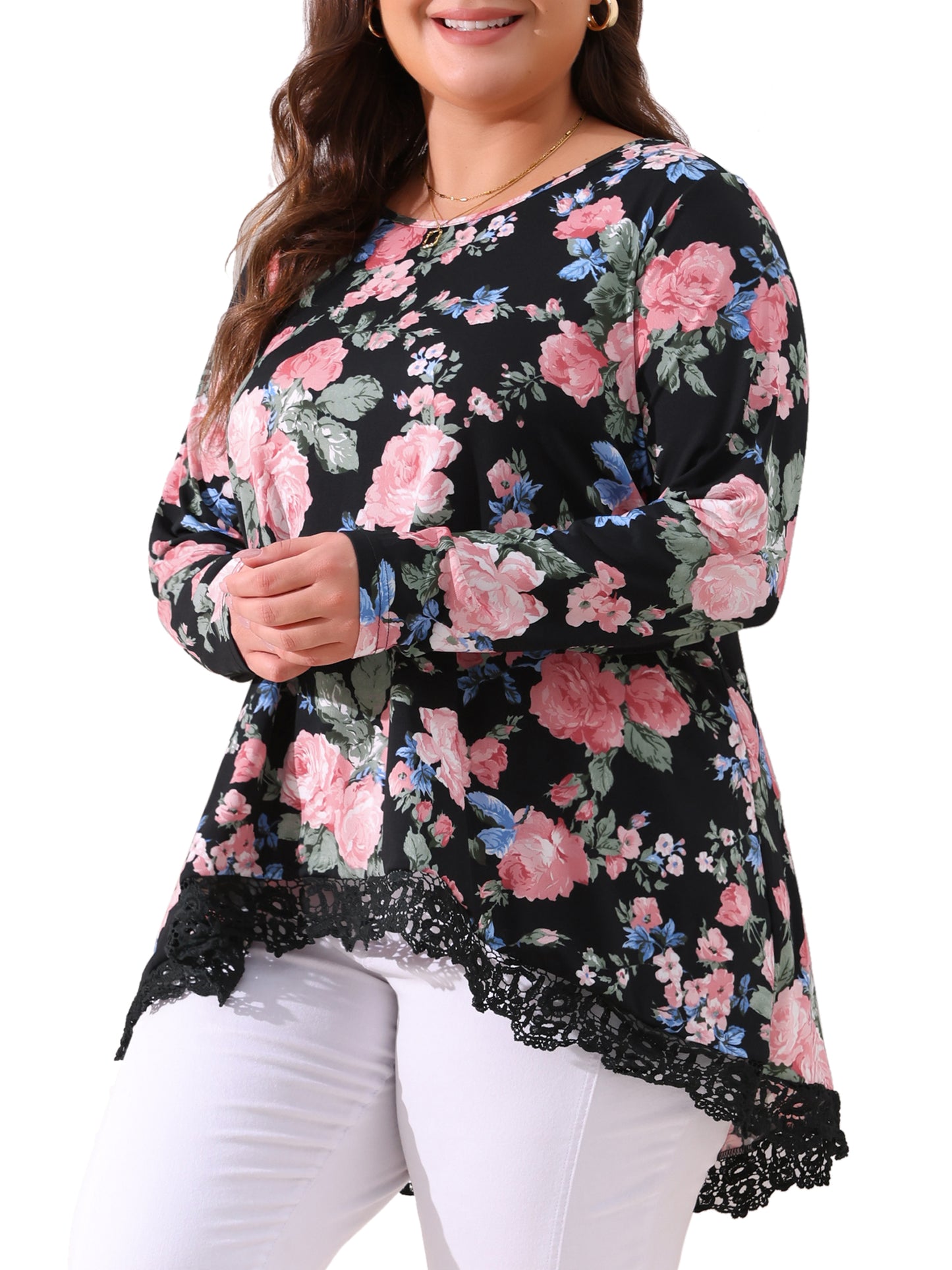 Women Plus Size Tops Crew Neck Lace Trim A-Line High Low Hem Floral Blouse Tunic Top