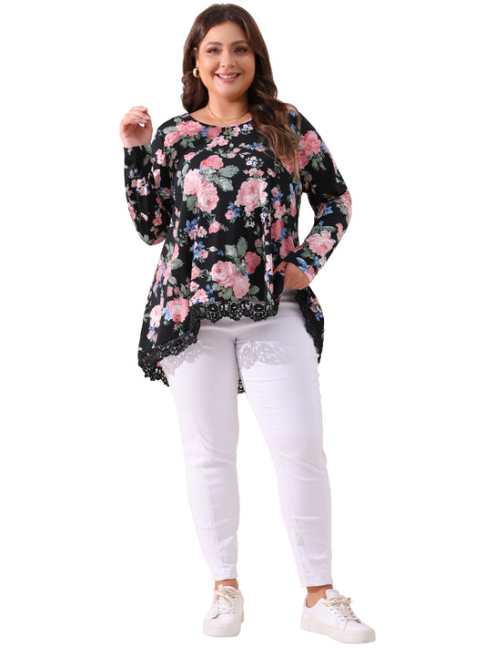 Women Plus Size Tops Crew Neck Lace Trim A-Line High Low Hem Floral Blouse Tunic Top