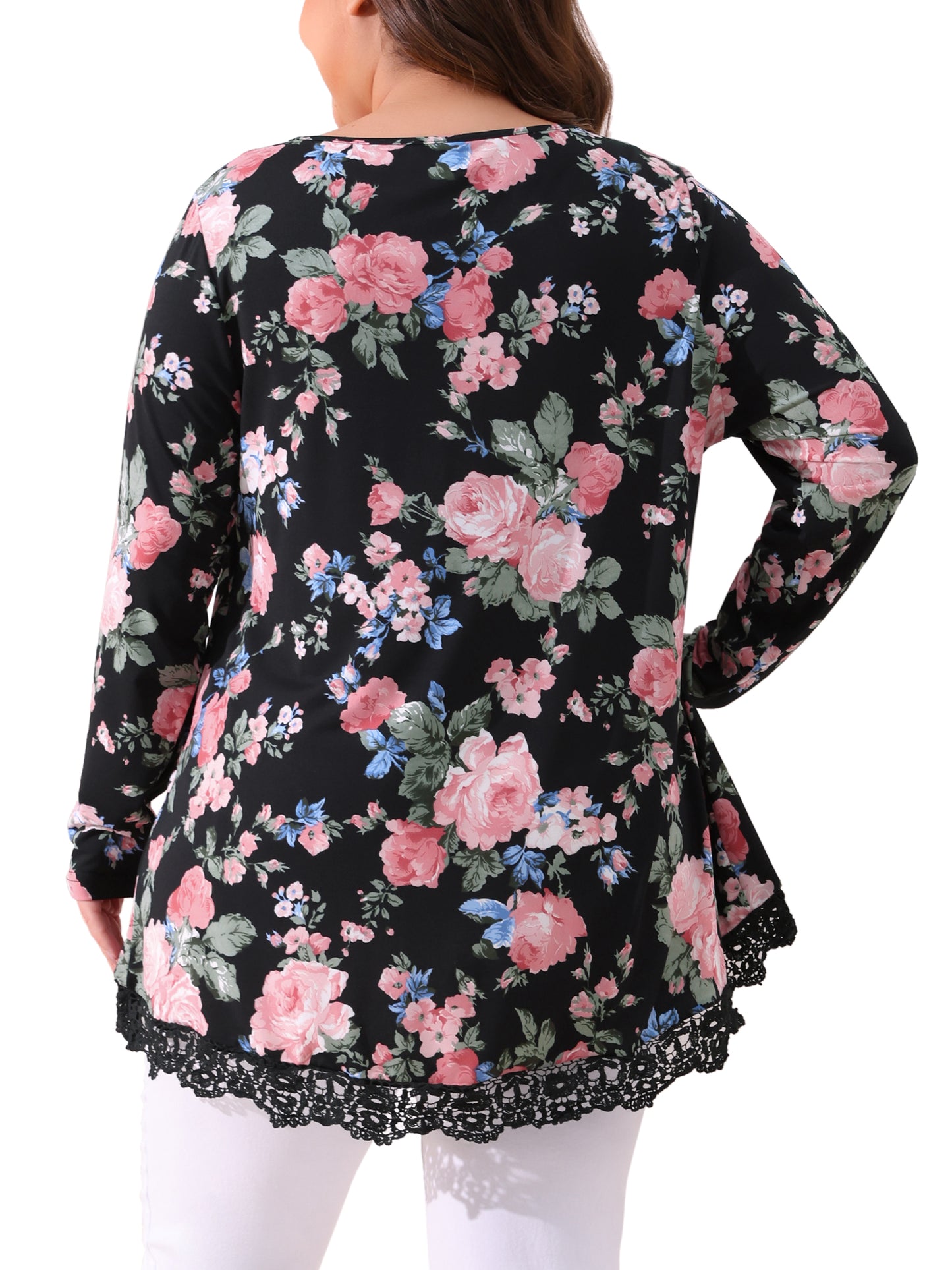 Women Plus Size Tops Crew Neck Lace Trim A-Line High Low Hem Floral Blouse Tunic Top
