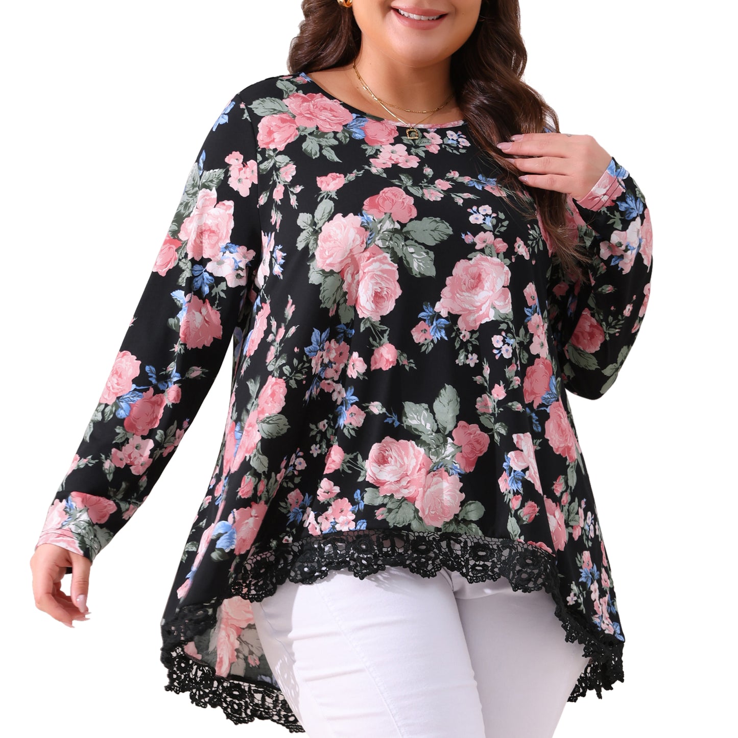 Women Plus Size Tops Crew Neck Lace Trim A-Line High Low Hem Floral Blouse Tunic Top