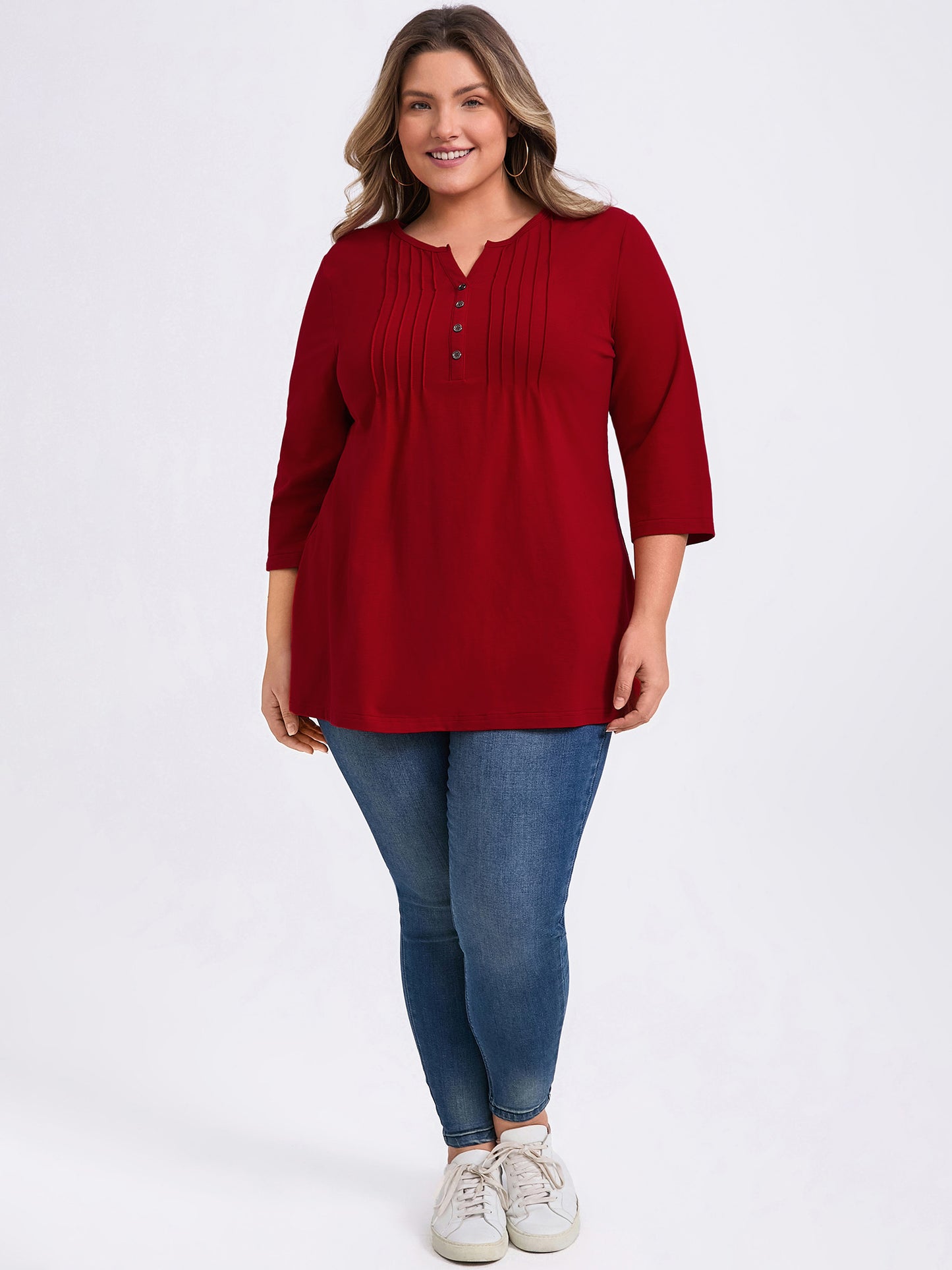 [PACK SALES] Women's Plus Size 2 Pieces Pleated Notched V Neck 3/4 Sleeves Henley Button Decor Tunic Tops Plaid Peplum Blouses