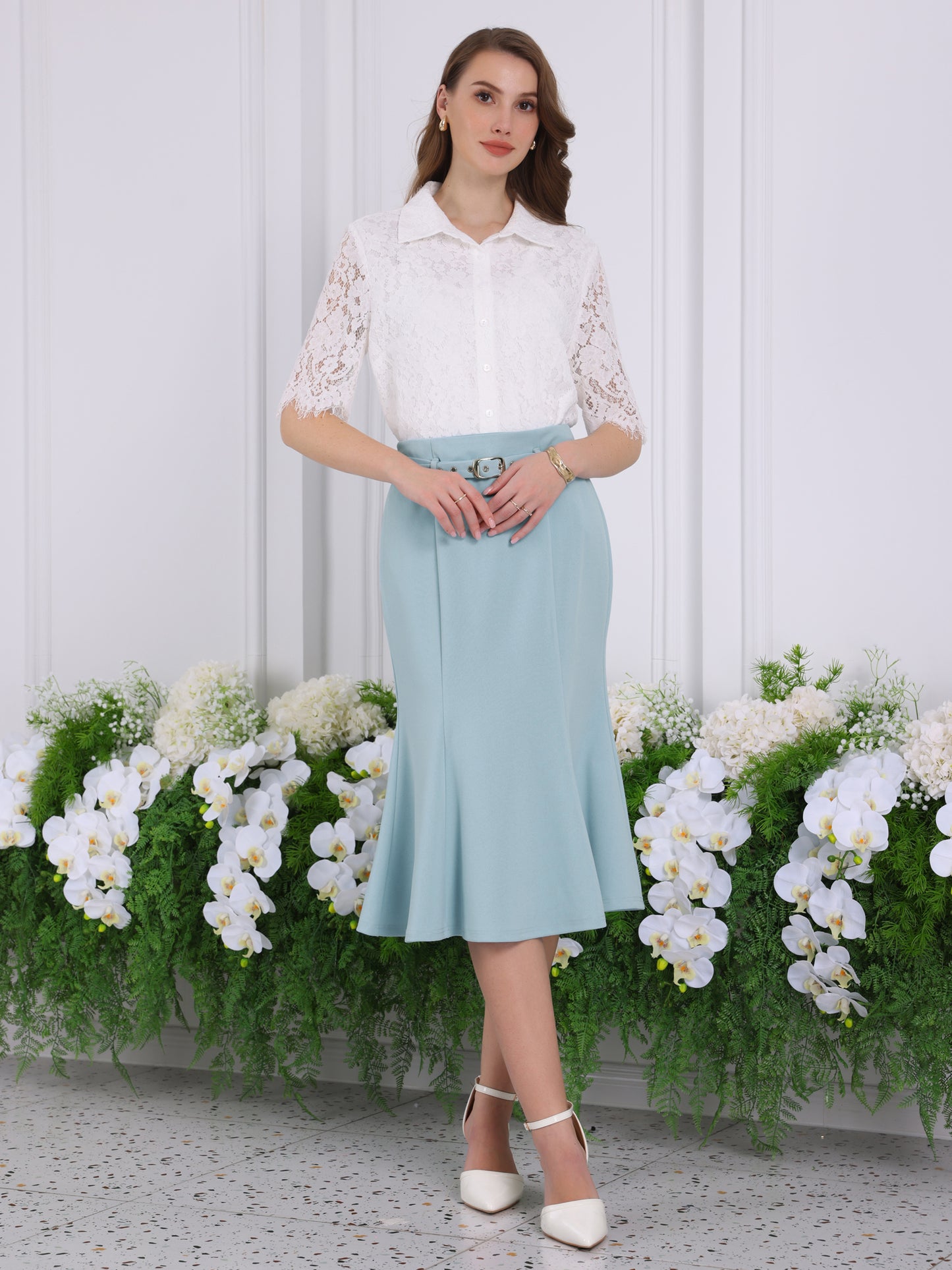 Falda elegante de cola de pez para mujer, cintura alta, con cinturón, elegante falda midi de sirena