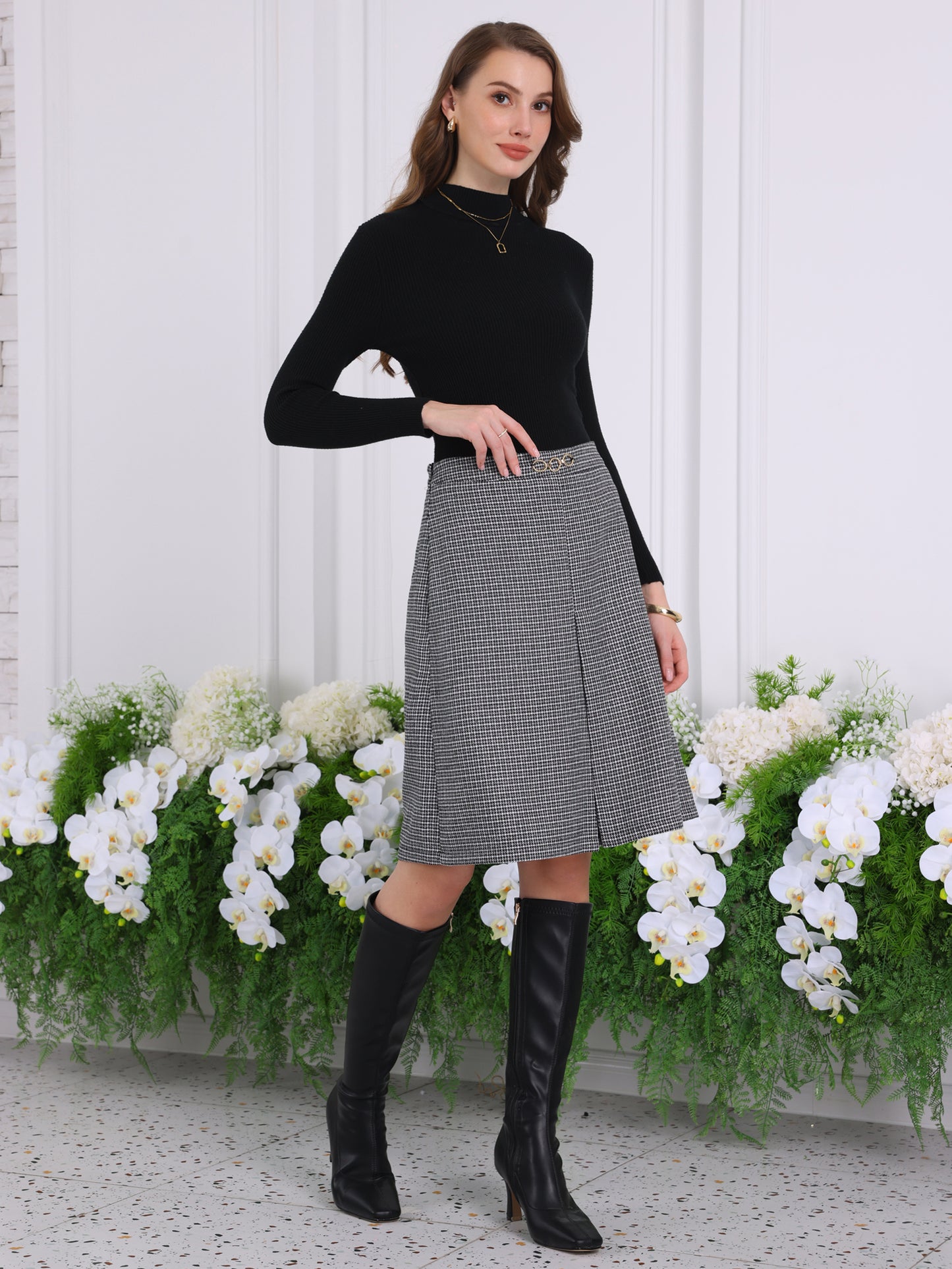 Falda de oficina a cuadros escoceses de cintura alta hasta la rodilla para mujer