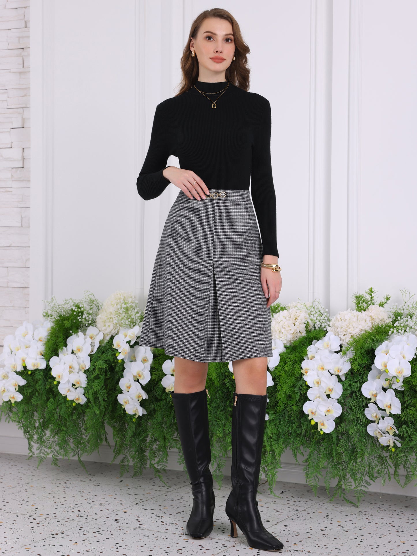 Falda de oficina a cuadros escoceses de cintura alta hasta la rodilla para mujer